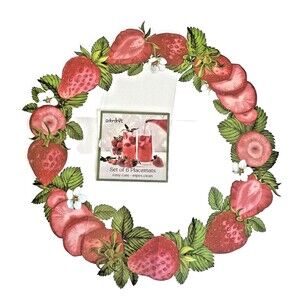 Colordrift Strawberries Placemats Set of 6 Vinyl Foam Back 15" Rd Beach Summer